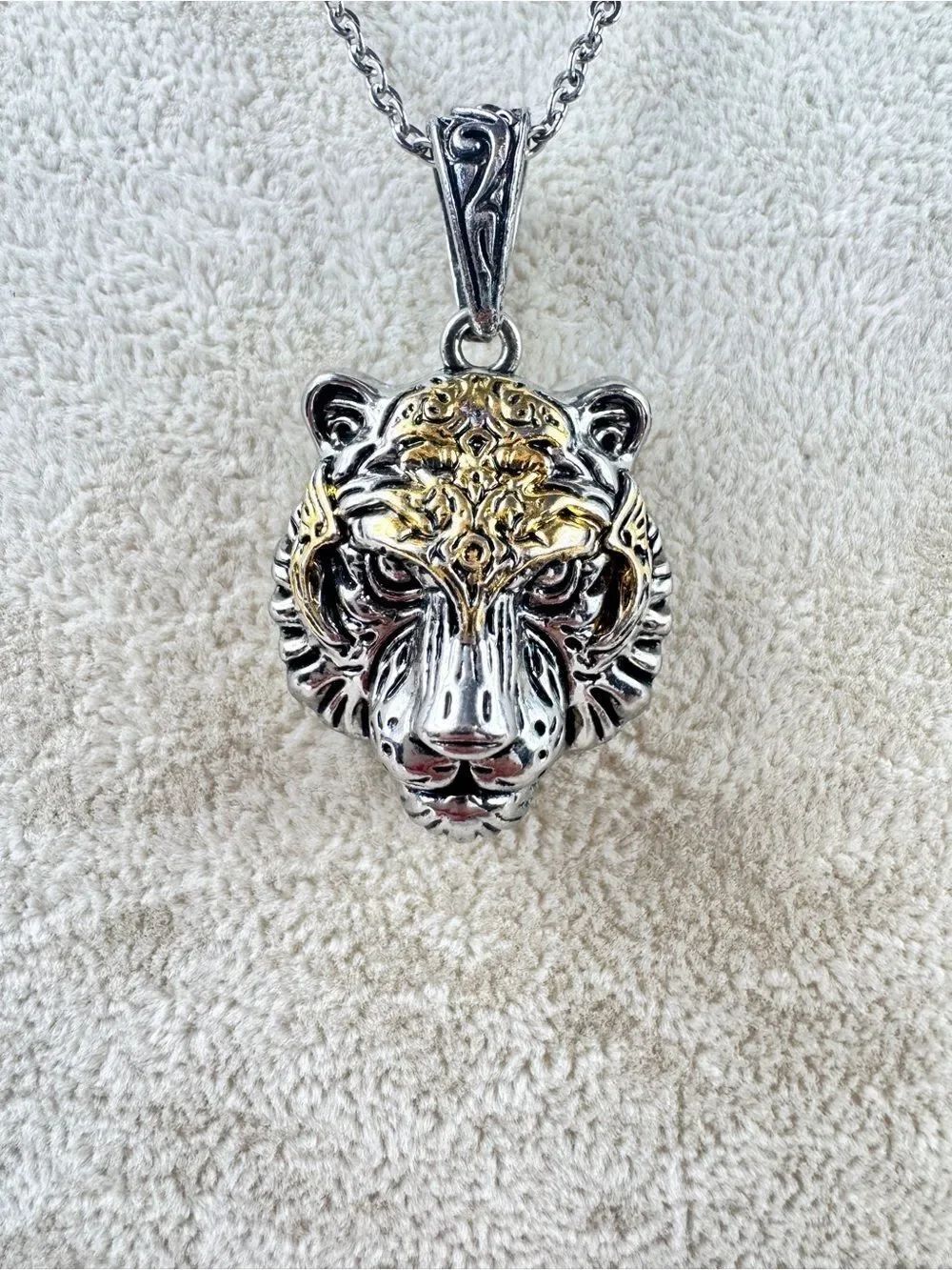 Two-Tone Silver and Gold Tiger Head Pendant Necklace for Women - Picture 2 of 7